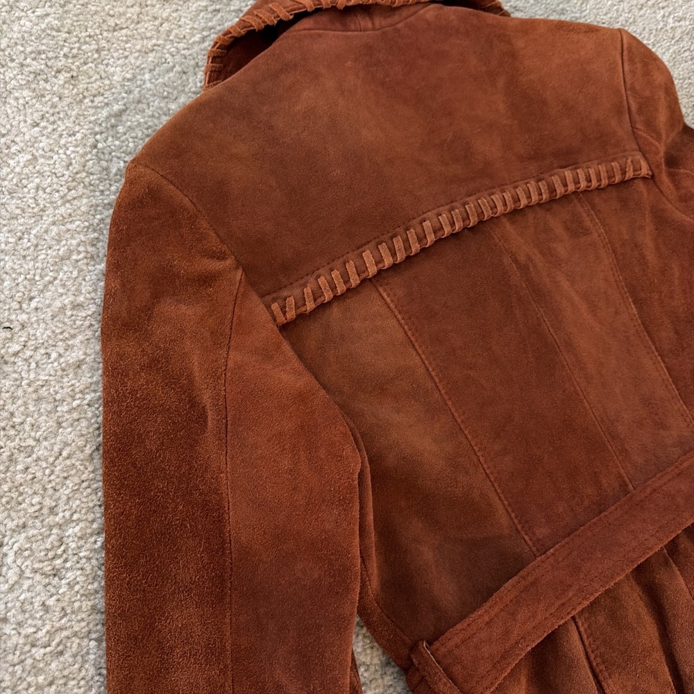 Vintage Suede Jacket 70s 80's Small Boho Western Whipstitch Cognac Leather Coat - Picture 10 of 16